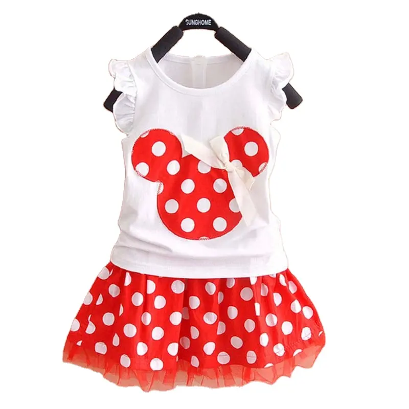 Gaun princess bayi perempuan, Gaun Atasan lengan kerut Polka Dot merah dan putih elegan untuk bayi balita LGOS-014 musim panas anak perempuan
