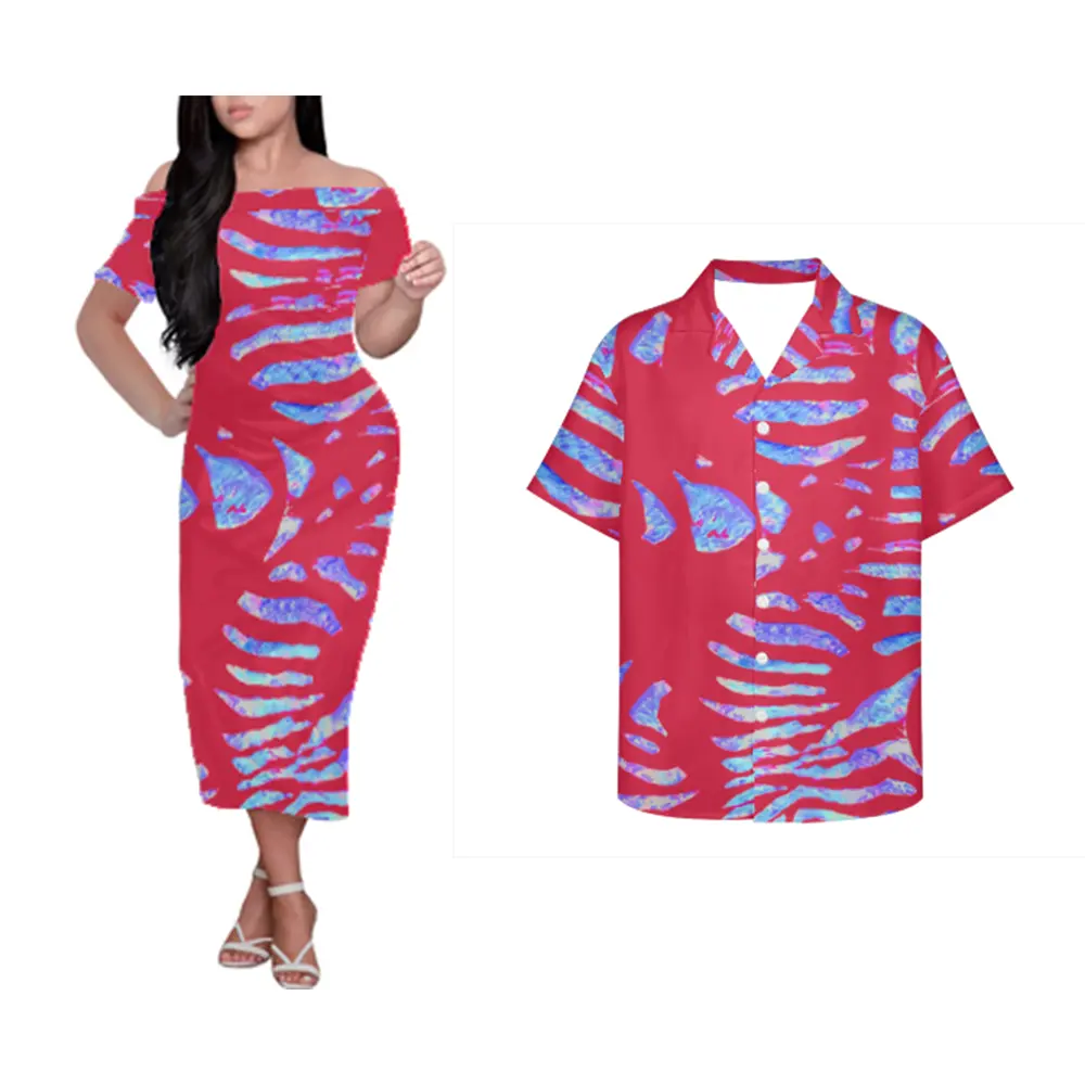 2023バレンタインデーカップル服昇華プリントポリネシアンサモア部族パターンデザイン女性のドレスと男性のシャツ