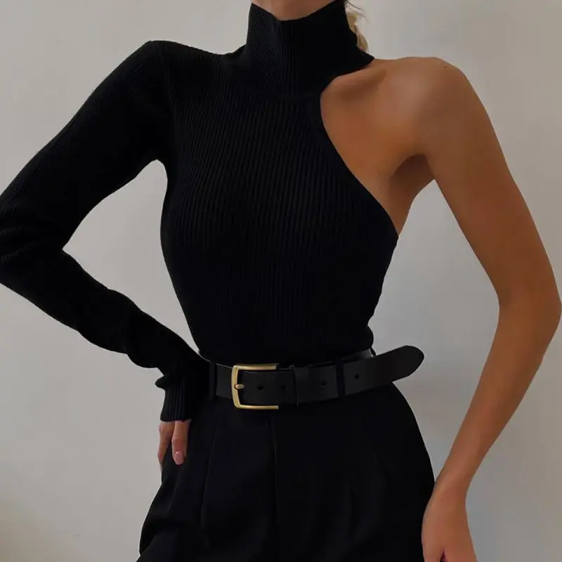 Chic Moda New Design Básico Preto Tops One Long Sleeves Playsuits Sólido Malha Bodysuit Mulheres