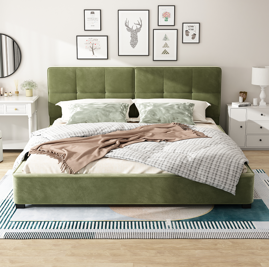 Olive Green + Plywood + Upholstered + Velvet +King
