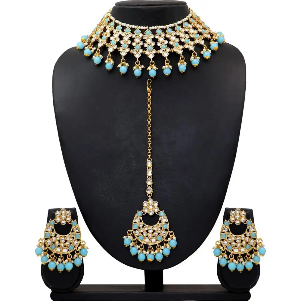 Ultimo esclusivo Designer leggero con collana Kundan fatta a mano indiana colorata con collezione di orecchini per donne e ragazze
