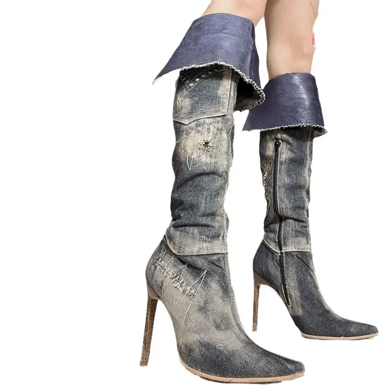 Nieuwe Western Dames Jeans Lange Laarzen Puntige Teen Stiletto Over De Knie Unieke Dames Laarzen Voor Dames Denim Dij Hoge Laarzen