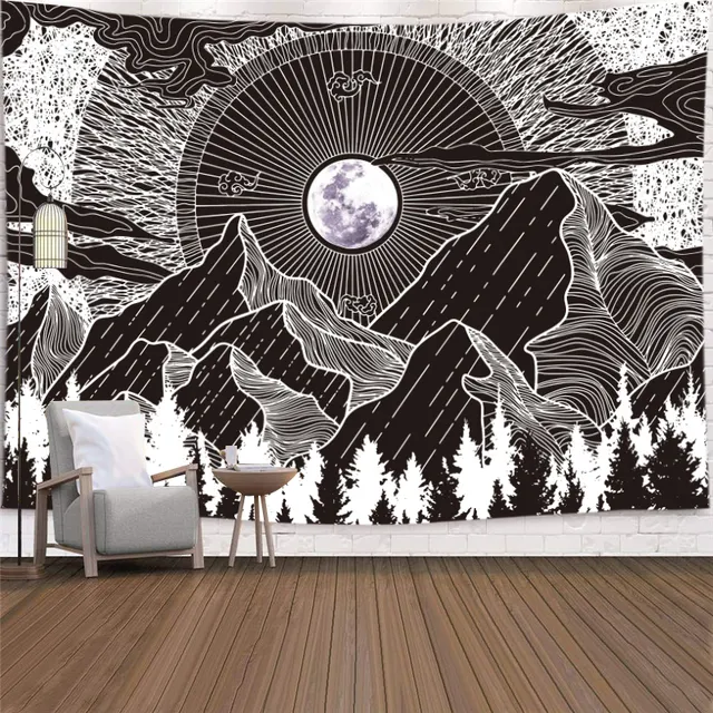 Brujería, tapiz de Luna, montaña, colgante de pared, Mandala psicodélico negro, tapiz de pared, Alfombra de tela para decoración del hogar