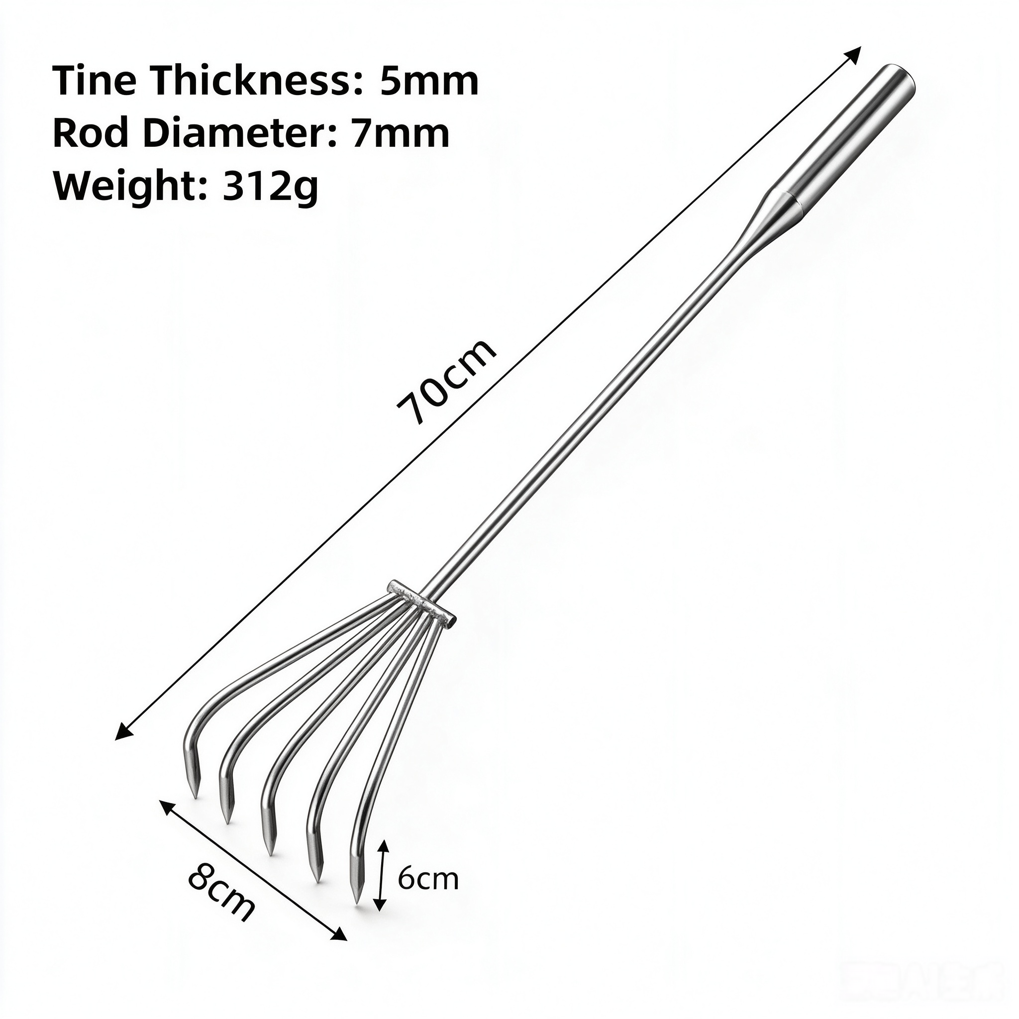 Rateau de jardin monobloc en acier inoxydable à 5 dents, 70 cm (312 g)