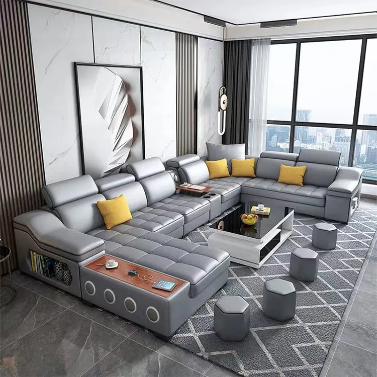 Sofá en forma de U con música Seccional de lujo en forma de U muebles reclinables sofá conjunto en forma de L diseño de 7 plazas sofás de cuero