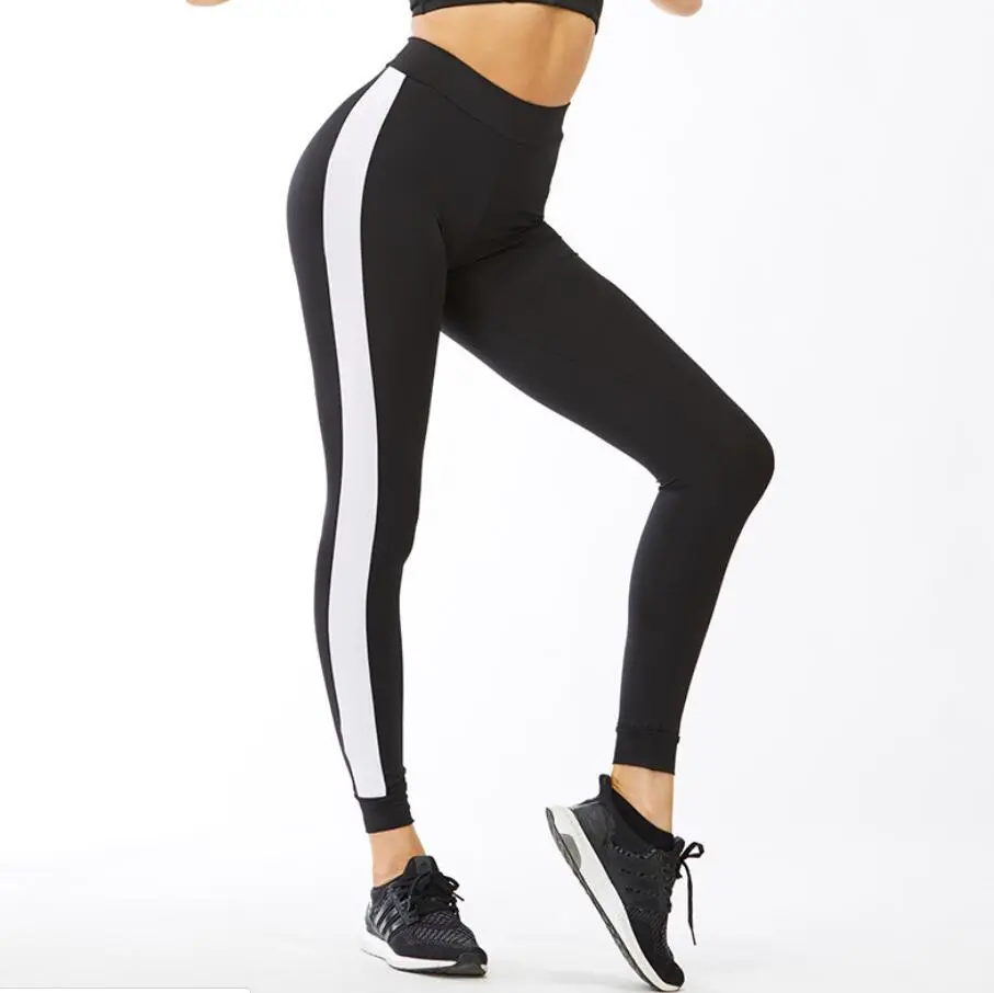 Pantalones de Yoga de cintura alta para correr, moda personalizada, Color blanco y negro, contraste de Color, Patchwork, entrenamiento