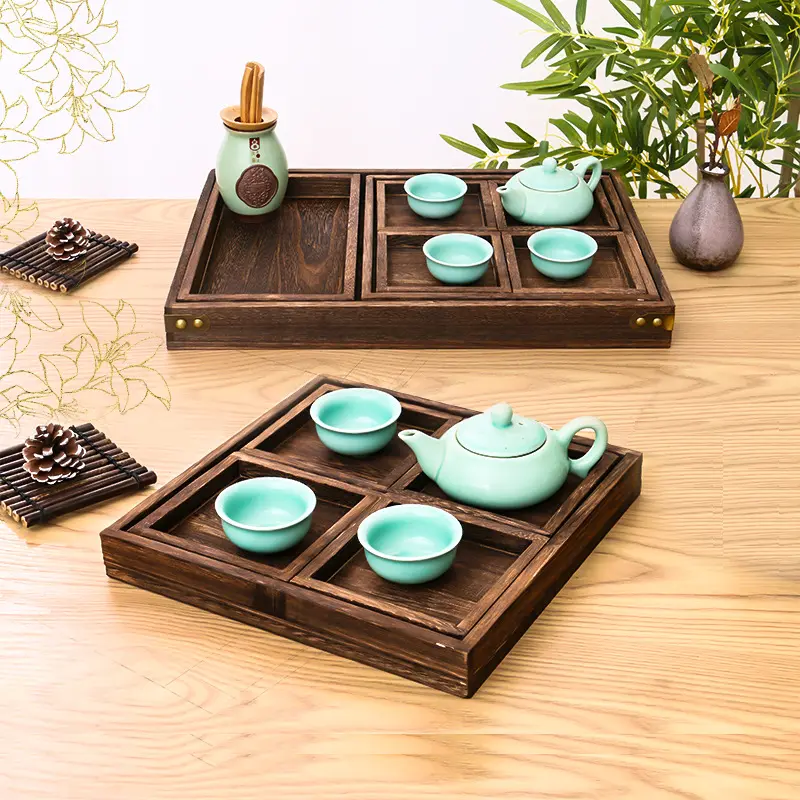 Juegos de bandejas de té de madera japonesas Bandeja de servicio de madera de 7 piezas para bandeja de té de aperitivos