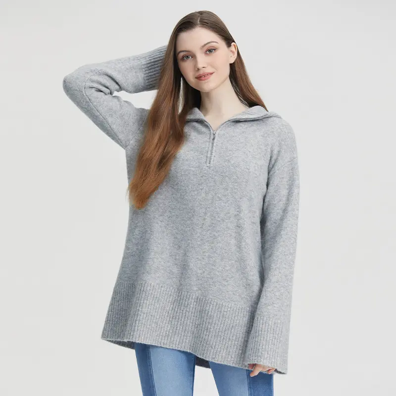 Fast Logo Custom Women Sweater Vintage Designer Front Half Open Zipper Grey Drop Shoulder Oversized Fleece Hoodie Sweater