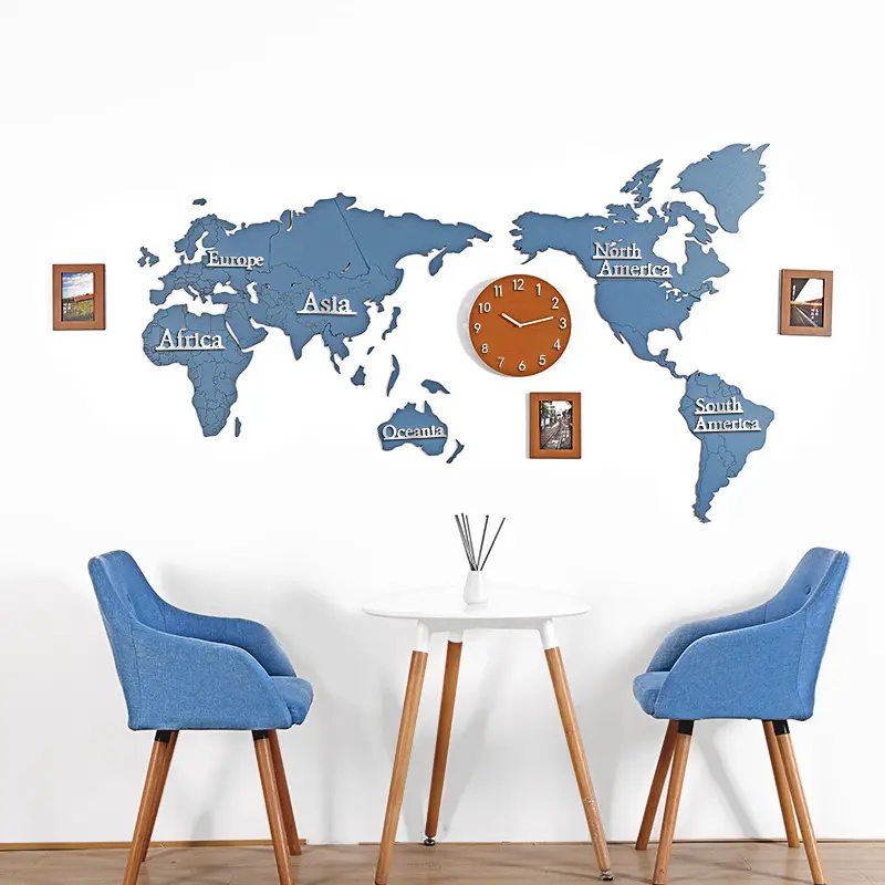 180cm Large Creative 3D DIY Customized Wooden Photo Frame Clock With World Map