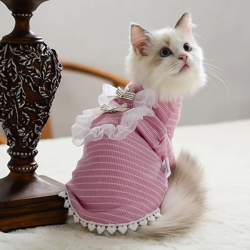 2021 yeni tasarım kış sonbahar bayanlar stil pamuk ince pembe sevimli pet kedi giysileri çizgili Pet malzemeleri kedi giysileri