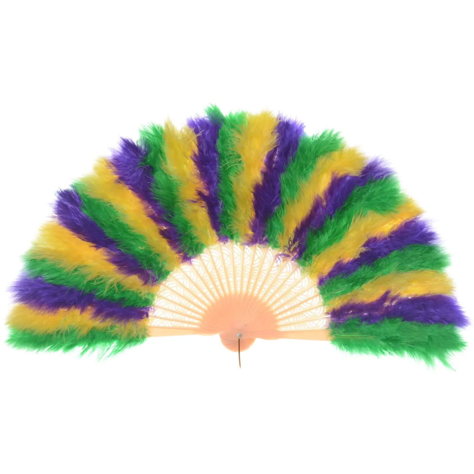 Venta barata, abanico de plumas de marabú de mano colorido, abanico de plumas de mano de plástico para fiesta, baile artesanal