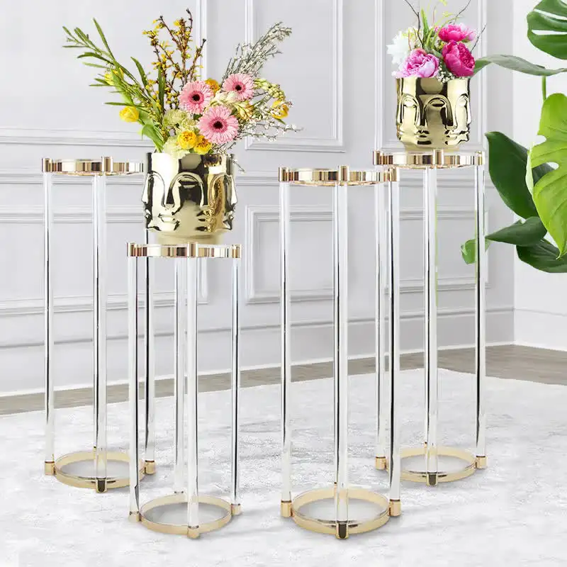 Luxus Acryl und Metall Blumen ständer Säule für Hochzeit Boden Mittelstücke Hochwertige Garten Trompete Vase mit Säulen ständern