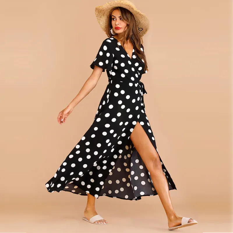 Lancai wholesale linen high quality Summer casual dress polk dot elegant fashion maxi dress for women