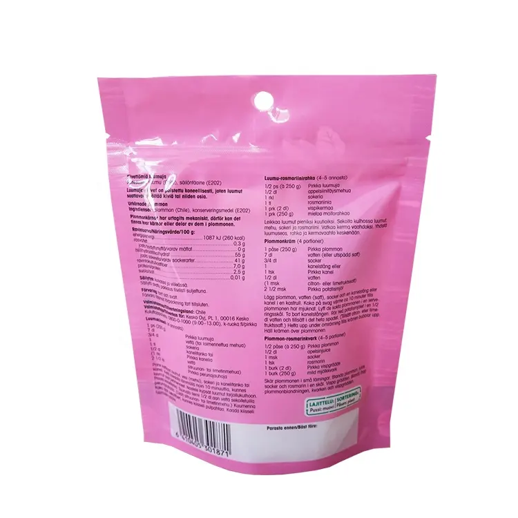 Bolsa de Plástico ldpe con cremallera para envasado de alimentos, bolsa de embalaje reciclable para aperitivos y frutas secas, color rosa