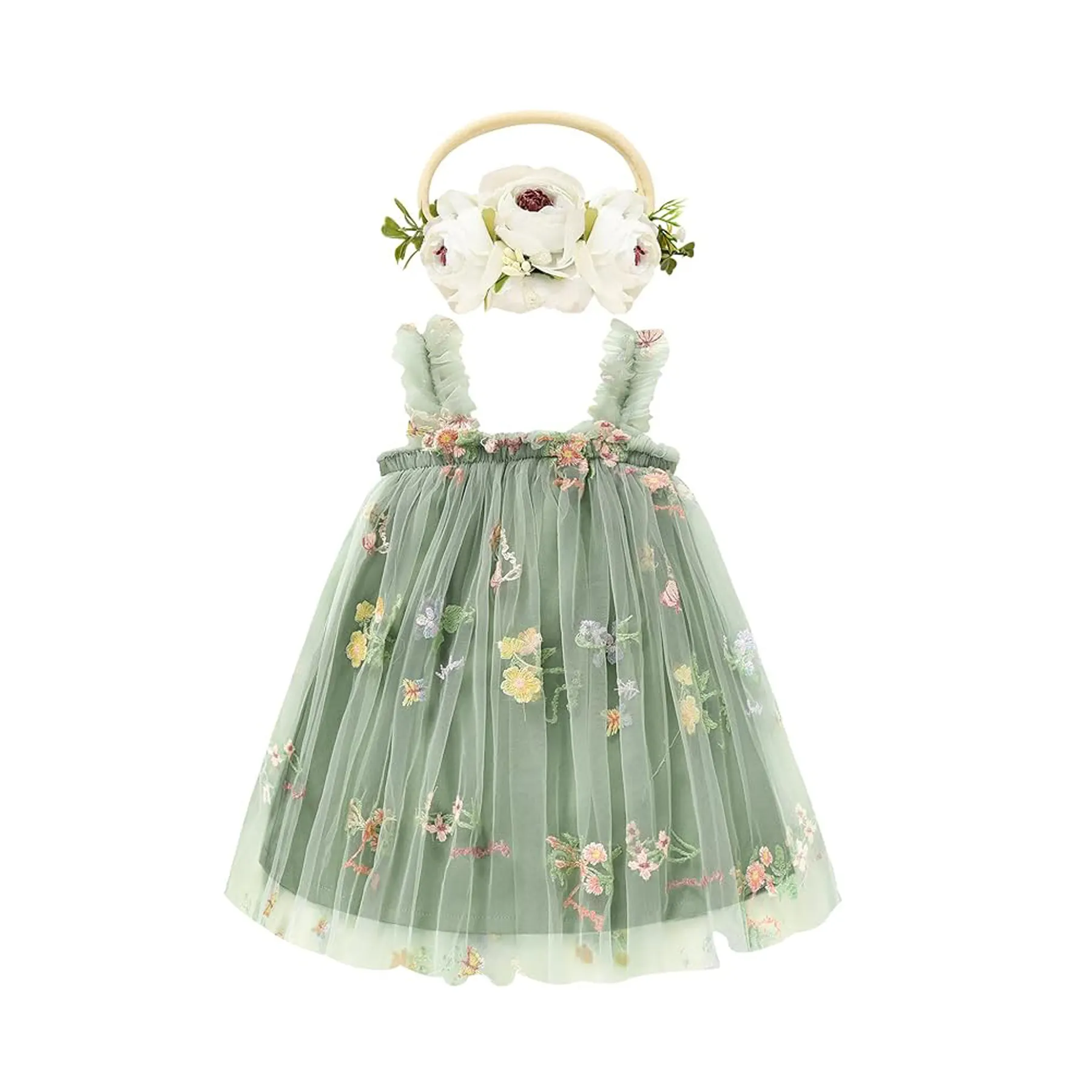 Kleinkinder Babykinder Töllen-Tutükleid ärmellos Spaghettiträger blumendesticktes Prinzessenkleid mit Blumen-Kopfband