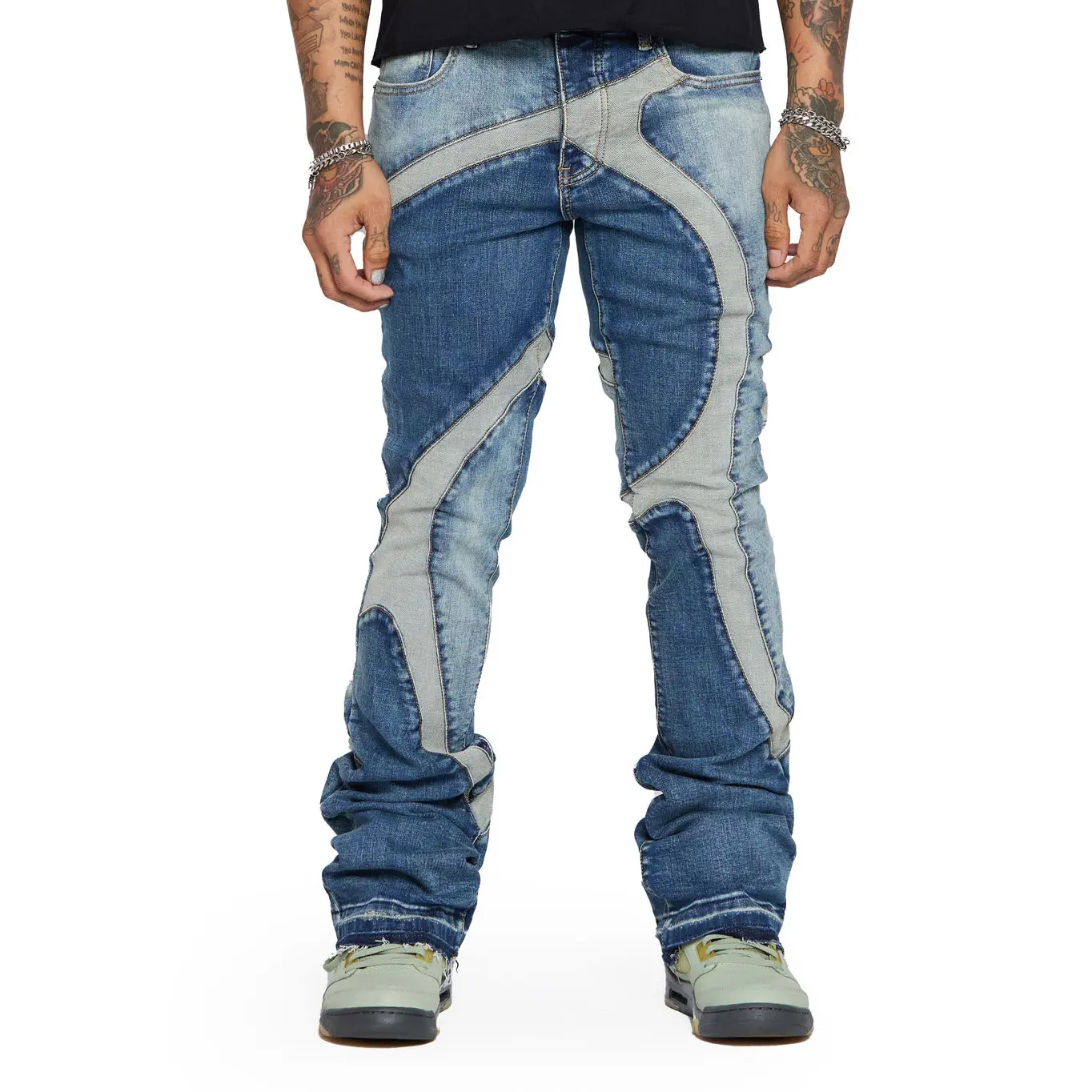 AeeDenim Diseñadores personalizados Logo Hombres Pantalones Jeans Hombres apilados patchwork bordes crudos Azul claro oscuro Lavado Flare fit Denim Jeans