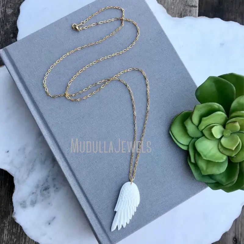 NM11590 bakır takı beyaz melek kanat el oyma kemik fildişi kuş tüyü kolye zincir kolye altın kaplama hediye onun için
