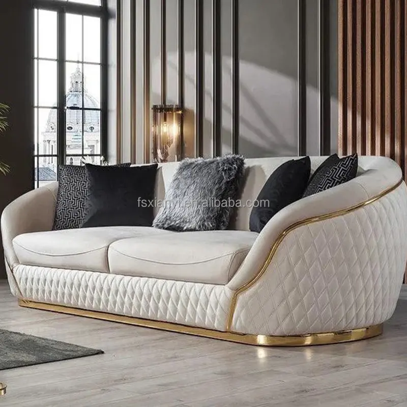 Modern New Design Luxury Home Furniture Italian Leather White Fabric 3-seater Sofa Set