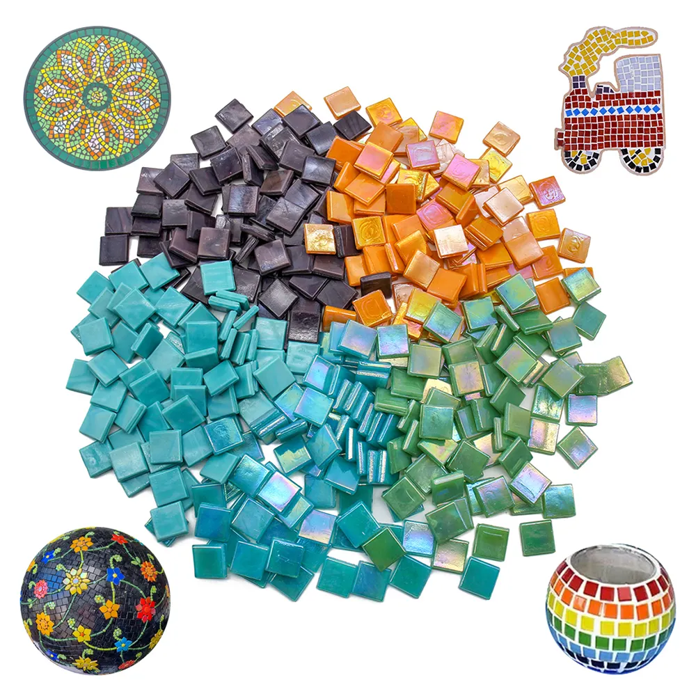 Azulejo de arco-íris iridescente, gelo, peças quadradas, soltas, glitter, vidro, mosaico diy, para artesanato