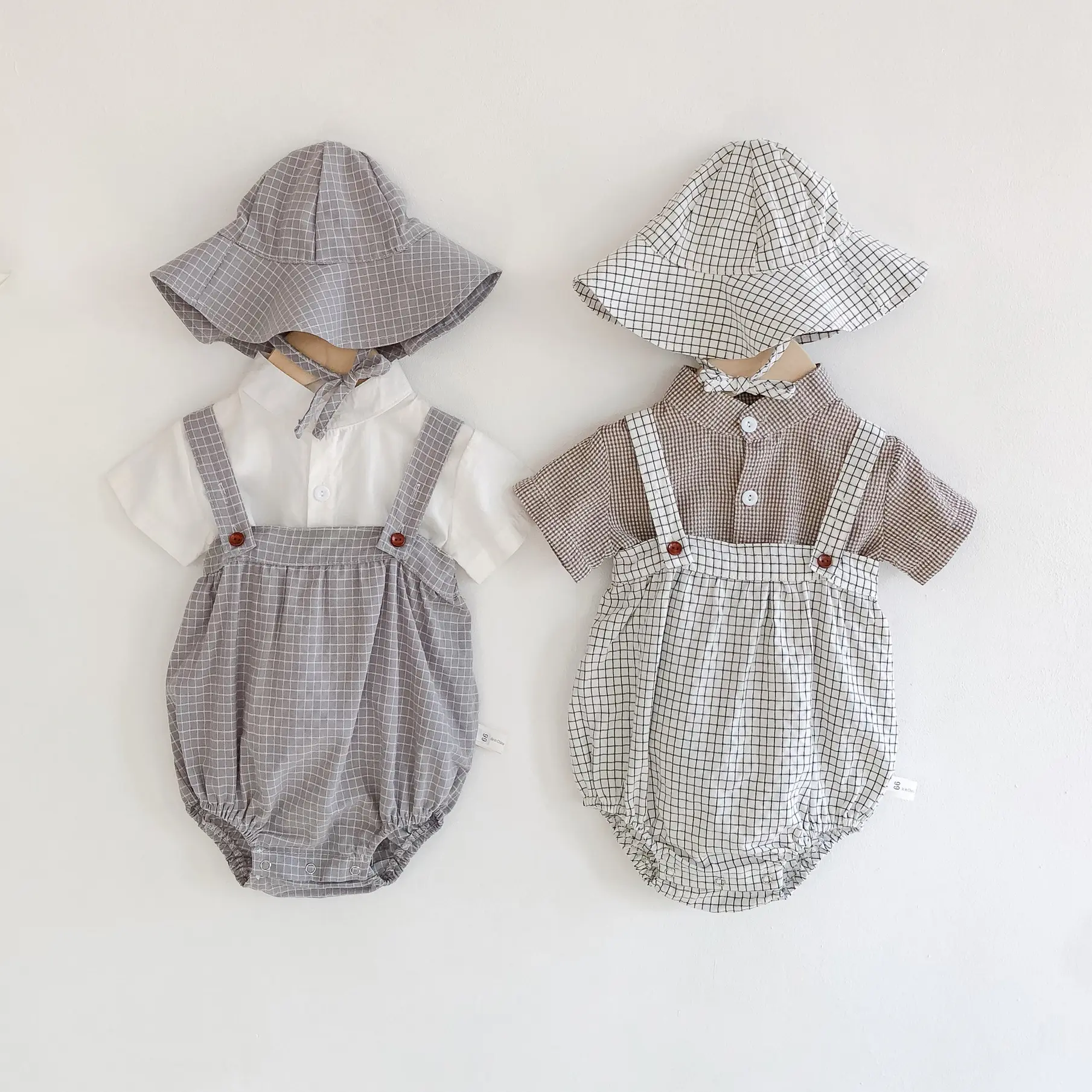 2023 vestiti del bambino estate ins pop cotone plaid sling + cappello da sole + camicia a maniche corte neonata vestito a tre pezzi ordini separati