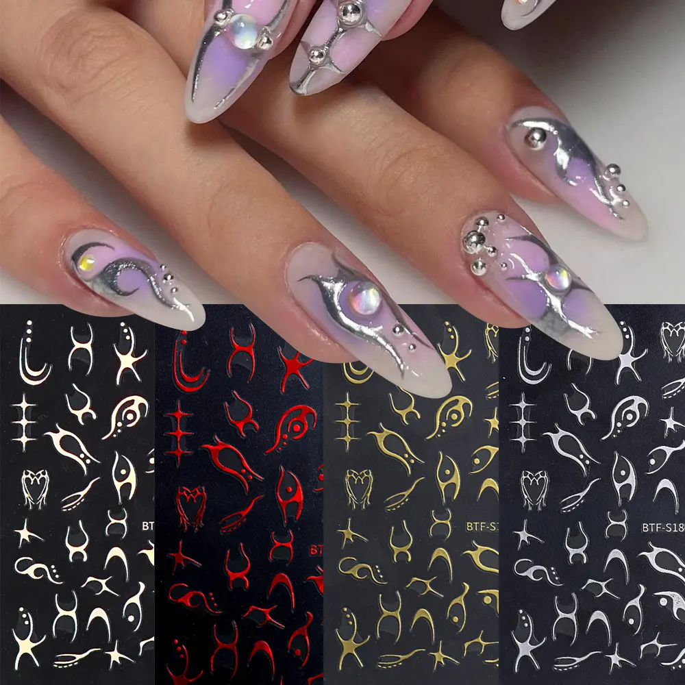 3D Silver Flame Nail Sticker Gold Bronzing Stripe Lines cursori per unghie Y2K Tribal Pattern decalcomanie Love Heart tatuaggi