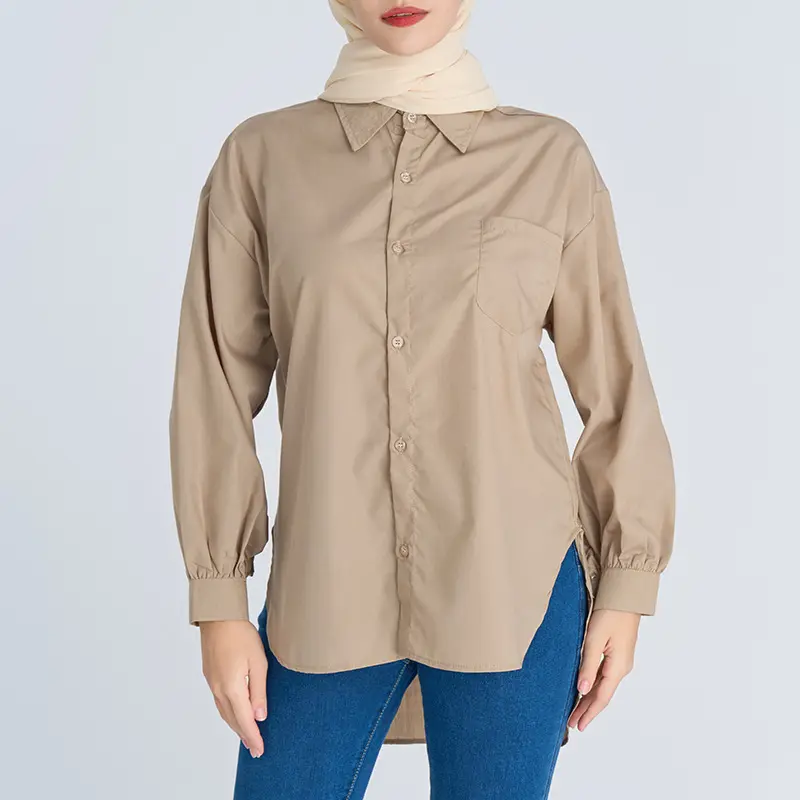 ホット販売マレーシアイスラム教徒ブラウス無地トップヨーロッパとアメリカのポケット装飾女性の基本的な長袖プリーツシャツ