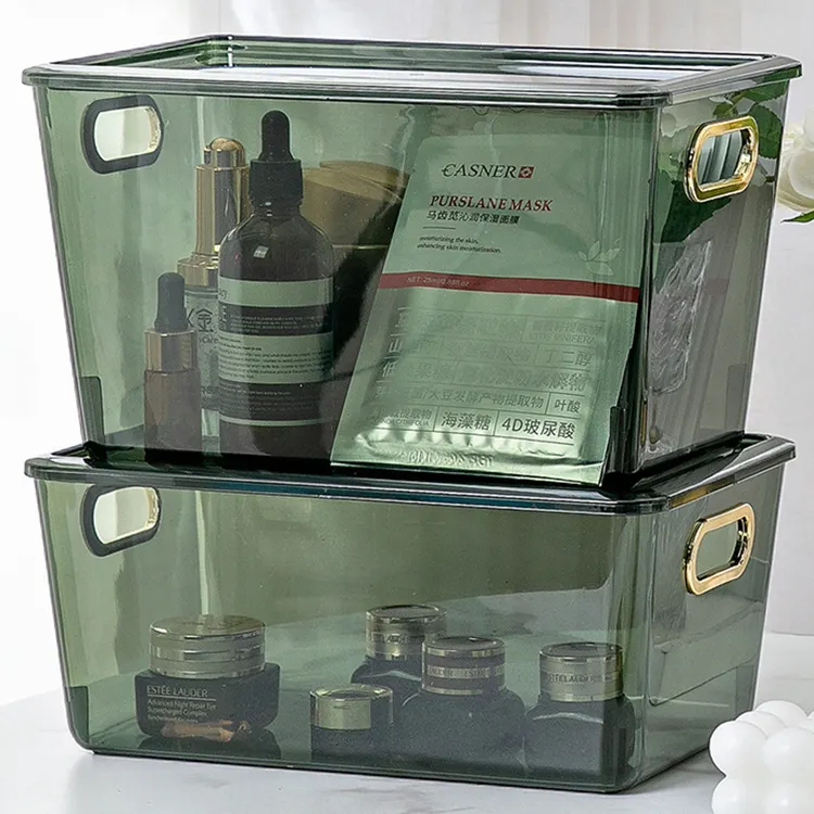 分類ワードローブ卸売家庭用デスクトッププラスチックコンテナバスケットカバー付き化粧品収納ボックス