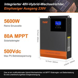 Inversor PowMr todo en uno 5.6KW 500V PV MPPT Entrada 80A Corriente de entrada 48V DC Inversor solar de onda sinusoidal pura Inversor solar híbrido