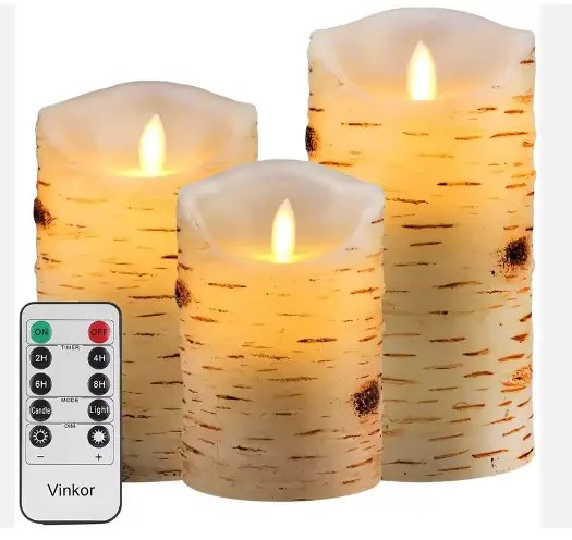 Velas pilar sem chama de madeira de bétula com controle remoto, conjunto de 3 velas de cera LED cintilante, velas decorativas de outono de Natal