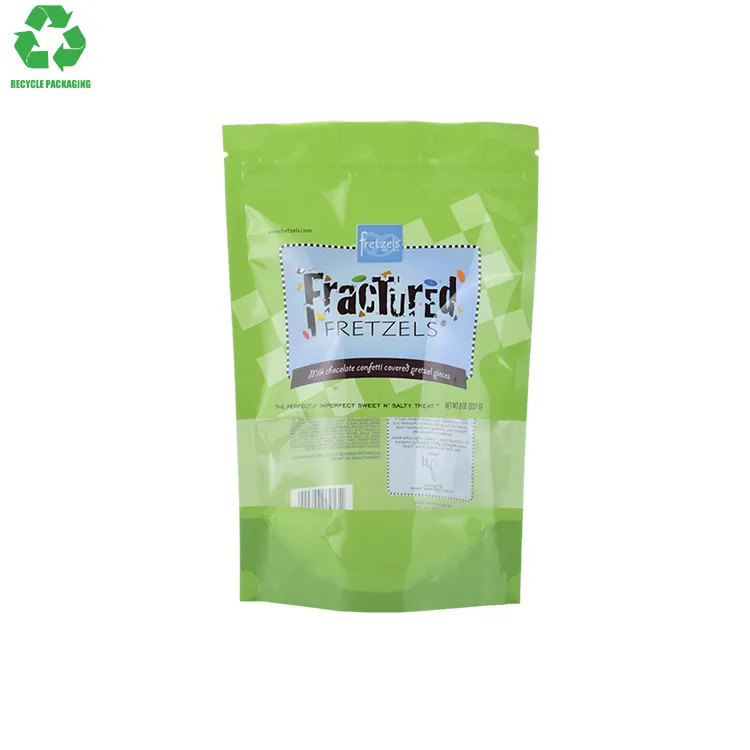 Sacos de embalagem para grãos de café Doypack, sacos de plástico redondos de plástico PE flexíveis verdes recicláveis de fábrica na China, 2 onças e 80 mícrons