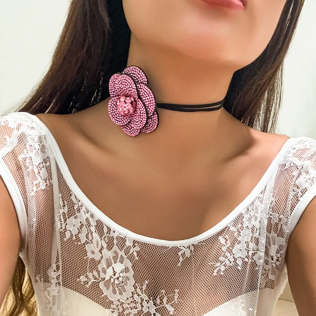 SHIXIN kalung berlian buatan, Trendi Full Iced Out berlian imitasi bunga merah muda kalung tali Choker untuk perhiasan wanita di leher dapat disesuaikan pesta y2k