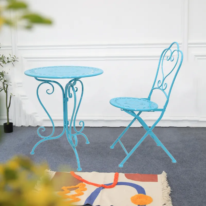 Juego de mesa y sillas de Metal plegables para exteriores, muebles decorativos para jardín y Patio, color azul, diseño Vintage