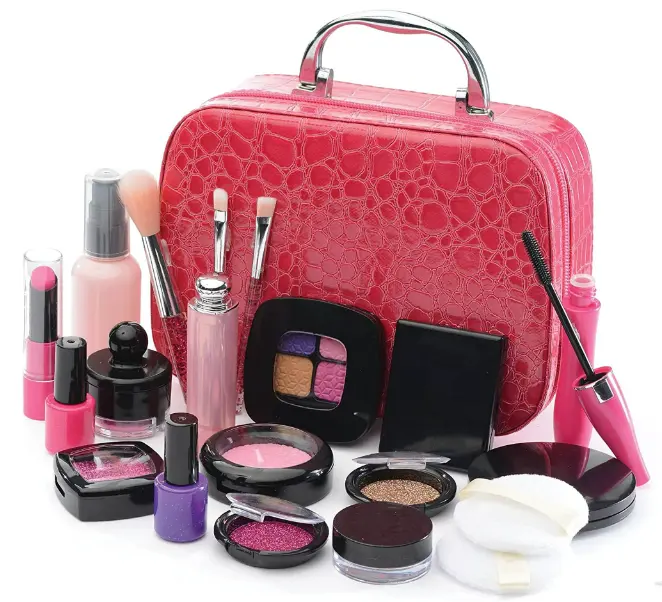 Prextex Meisjes Doen Alsof Make-Up Speelset Met Roze Lederen Cosmetisch Hoesje | 21 Stuks Doen Alsof Spelen Cosmetische Beauty Make-Up Set