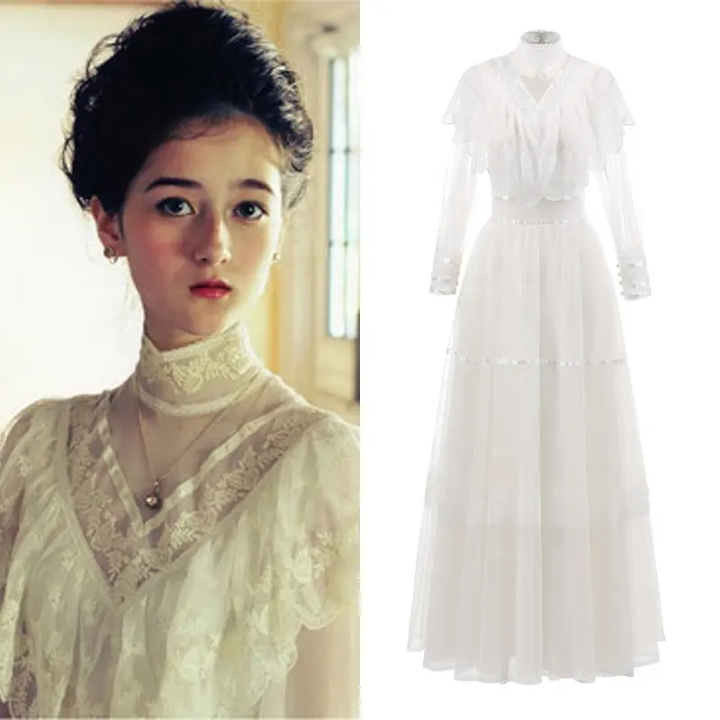 Vestido de noiva com renda vintage 1098 #, vestido de noiva de renda com gola alta, de manga comprida, tule, vintage
