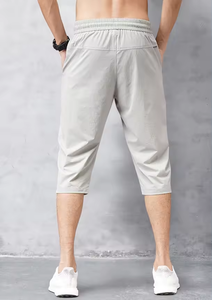 高级夏季冰丝3/4长裤弹性宽松合身男裤运动3/4裁剪带拉绳裤 - Product Image 2