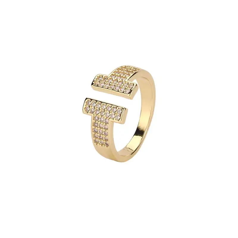 خاتم عصري قابل للضبط ومطلي بالذهب بتصميم حرف مزدوج على شكل حرف T خواتم من الألماس الصغيرة قابلة للتعديل