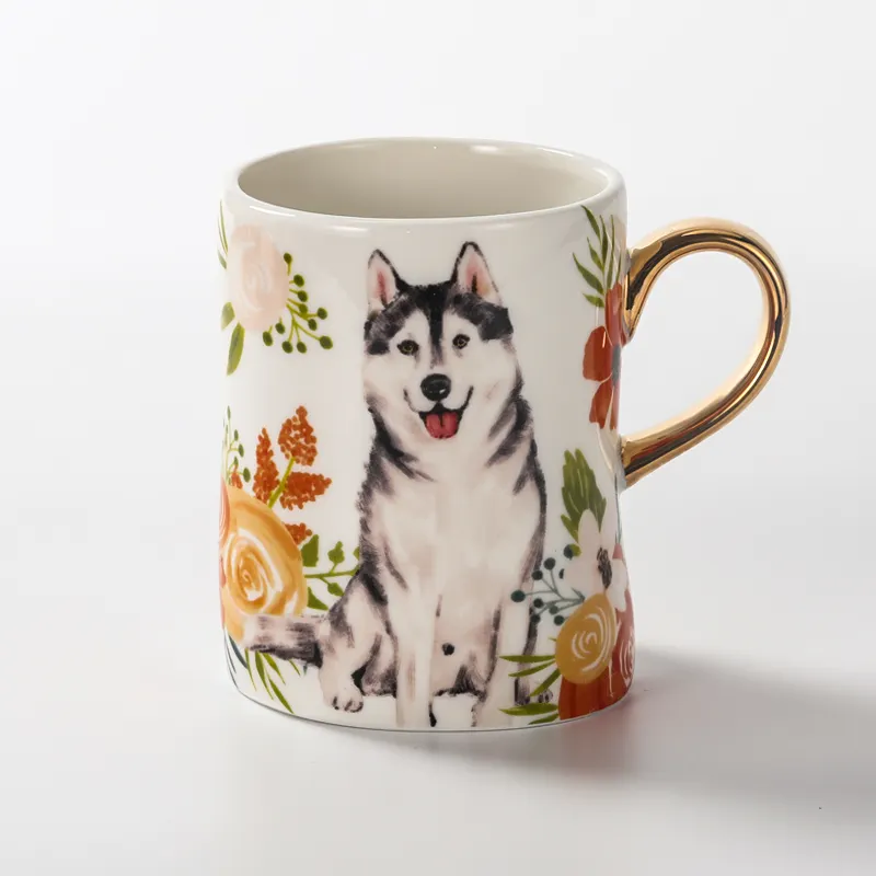 Tivray-taza de cerámica con mango dorado para niños, dibujo de perro y animales, personalizado, regalo, venta al por mayor