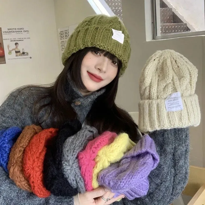 Gorros para mujer, gorro de lana torcida grueso y cálido de invierno, gorro de moda para mujer, gorro elástico de gran circunferencia de la cabeza, gorro tejido a mano