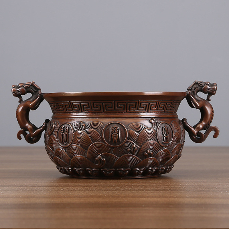 Bassin au trésor en cuivre de 14 cm - Conception à double oreille de dragon