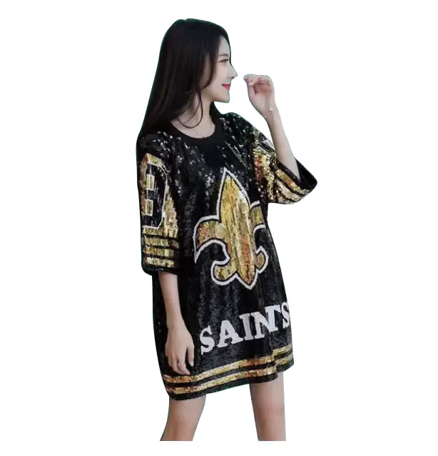 थोक आदेश सस्ता शिपिंग एनएफएल डिजाइन सेक्विन पोशाक एक आकार महिलाओं सेक्विन पोशाक