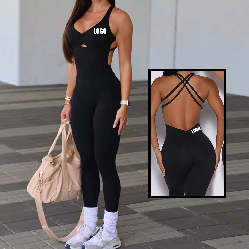 2023 set Yoga baru kebugaran wanita Backless dapat disesuaikan Gym empuk satu potong baju monyet latihan olahraga Scrunch Jumpsuit untuk wanita