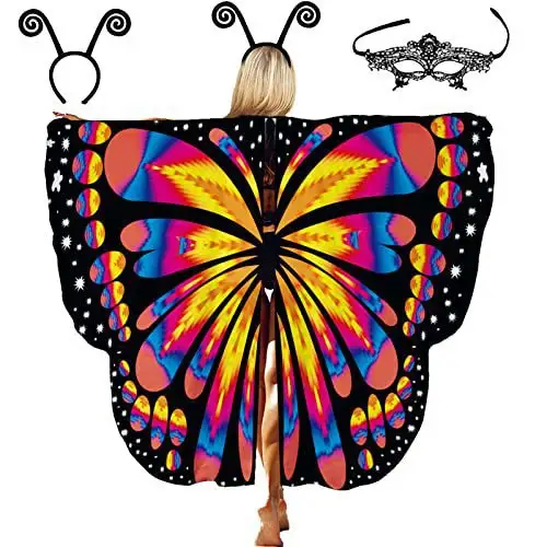 Disfraz de Halloween, disfraz de alas de mariposa para mujer, alas de mariposa, alas de hadas, capa con velo y Diadema de antena