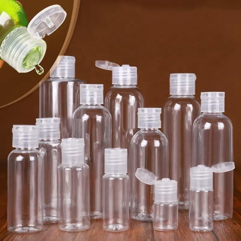 Tampa de plástico transparente para pet, 5/10/20/30/50/60/100ml, garrafas de loção, recipiente de shampoo, amostra de cosméticos, frascos recarregáveis líquidos