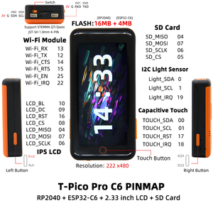 LILYGO t-pico-pro C6 Raspberry Pi RP2040 Placa DE DESARROLLO MCU dual con pantalla táctil Lcd de 2,33 pulgadas
