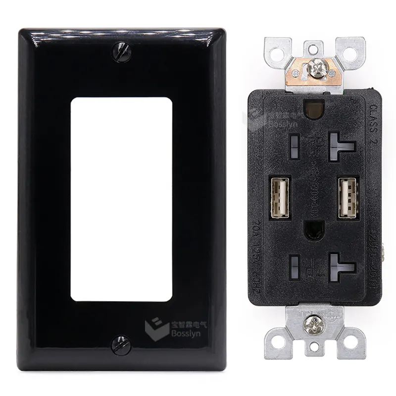 Dual High Speed 4.8 A USB Ports 20 Amp 125V Tamper Resistant Black Duplex Receptacle Plug with Wall Plate