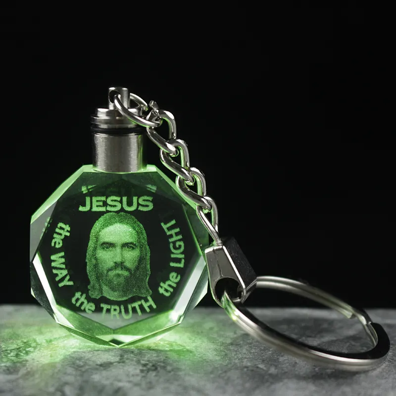 Wholesale Cheap Religious Christian Gift Crystal Glass Jesus Engraved LED Key Chain Religious Gift