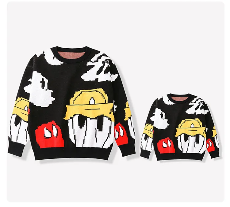 Nuovo Design ODM inverno/autunno Daddy & Me outfit Family Matching Clothes lavorato a maglia a maniche lunghe Pixel Cartoon Pullover maglione