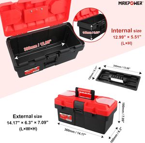 Maxpower工具箱红色14英寸塑料小工具箱，带可拆卸托盘，带双锁固定
