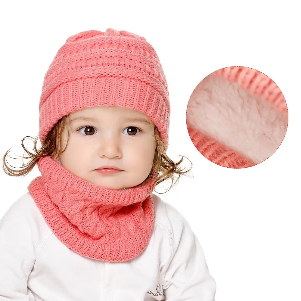 Invierno niños gorro de punto bufanda conjuntos niños cálido bebé más terciopelo grueso suave gorra niños niñas forro polar gorros