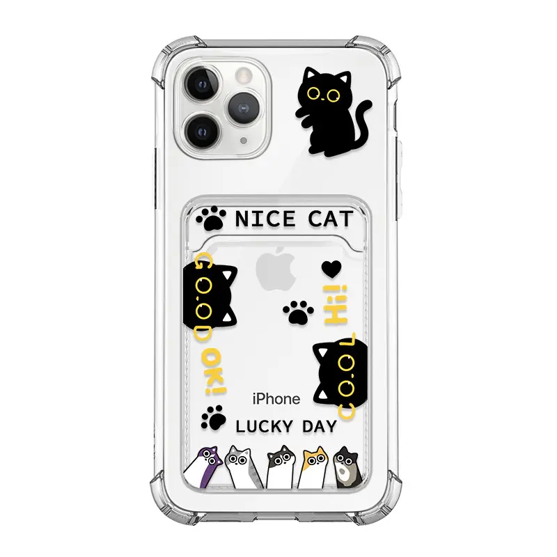กระเป๋าใส่บัตรเครดิตสีดำรูปแมวใหม่โปร่งใสสำหรับใส่โทรศัพท์มือถือ iPhone12 13 14 PRO MAX MINI